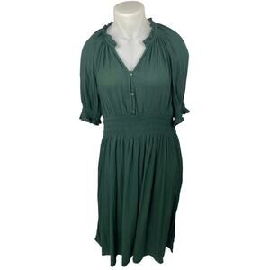NEW Gap Green Short Puff Sleeve V Neck Ruffle Smocked Fit & Flare Maxi Dress XL
